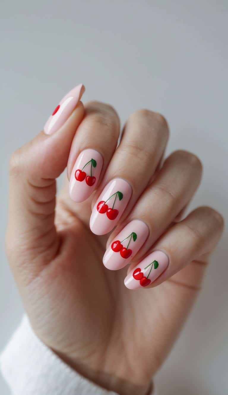 Blush pink nails featuring simple red cherries and green accents, showcasing clean and charming cherry nail art ideas in a minimal style.
