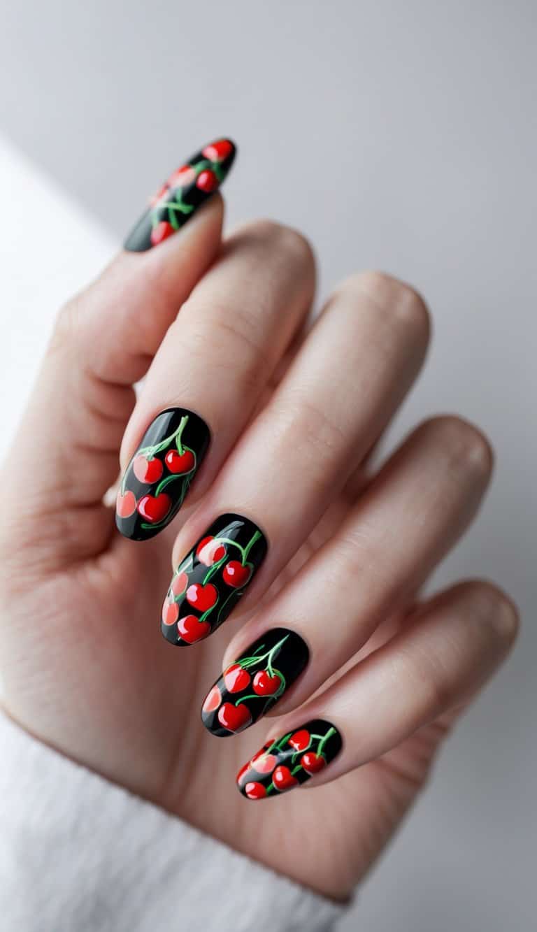 Glossy black nails with red cherry clusters and bright green stems, reflecting playful yet dramatic cherry nail art ideas in a bold palette.