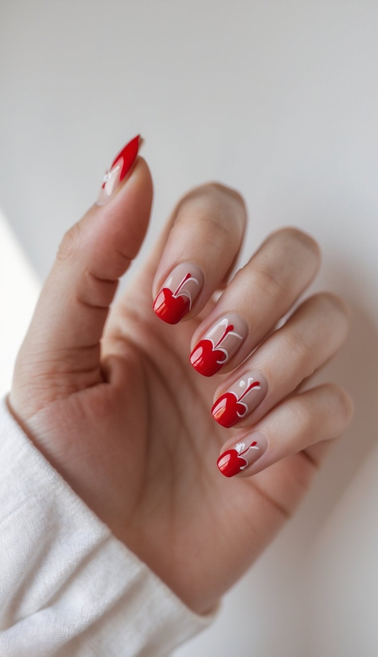 Nude nails featuring red abstract cherry designs as French tips, showcasing conceptual and chic cherry nail art ideas with unique styling.