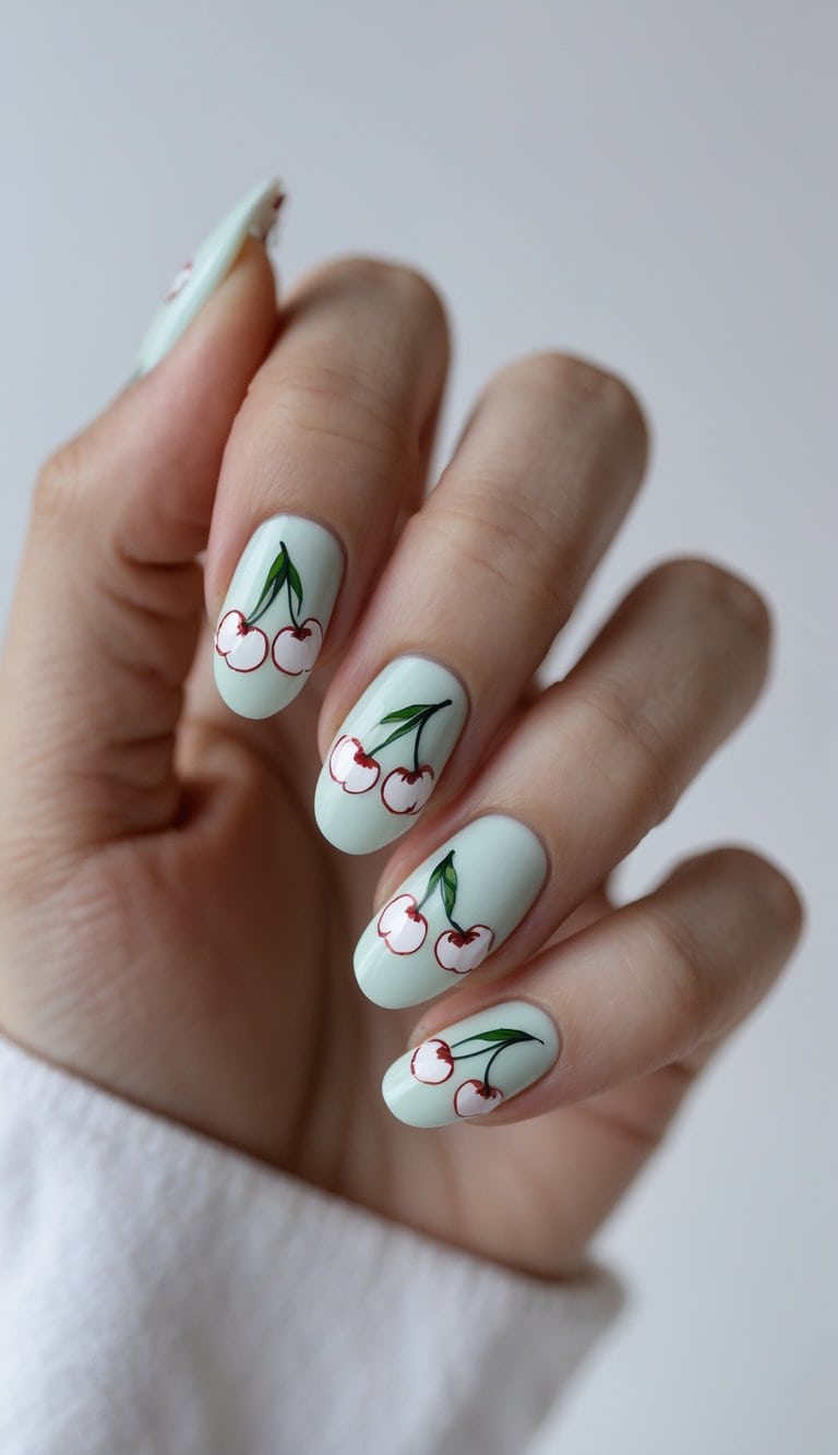 Matte mint green nails with delicate red cherry outlines and soft leaf details, showcasing minimal and pastel-friendly cherry nail art ideas.