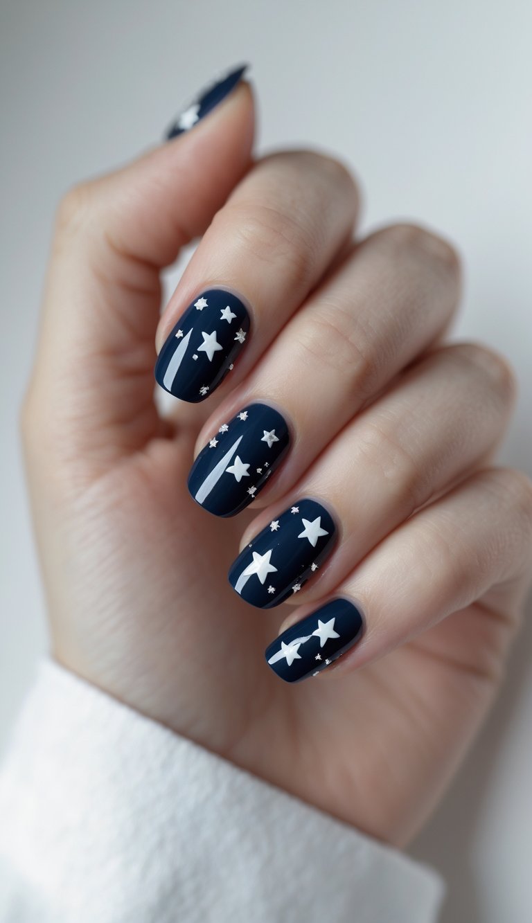 Short nail art idea with a matte navy base and minimalist white star and line accents on each fingertip for a bold outer space aesthetic.