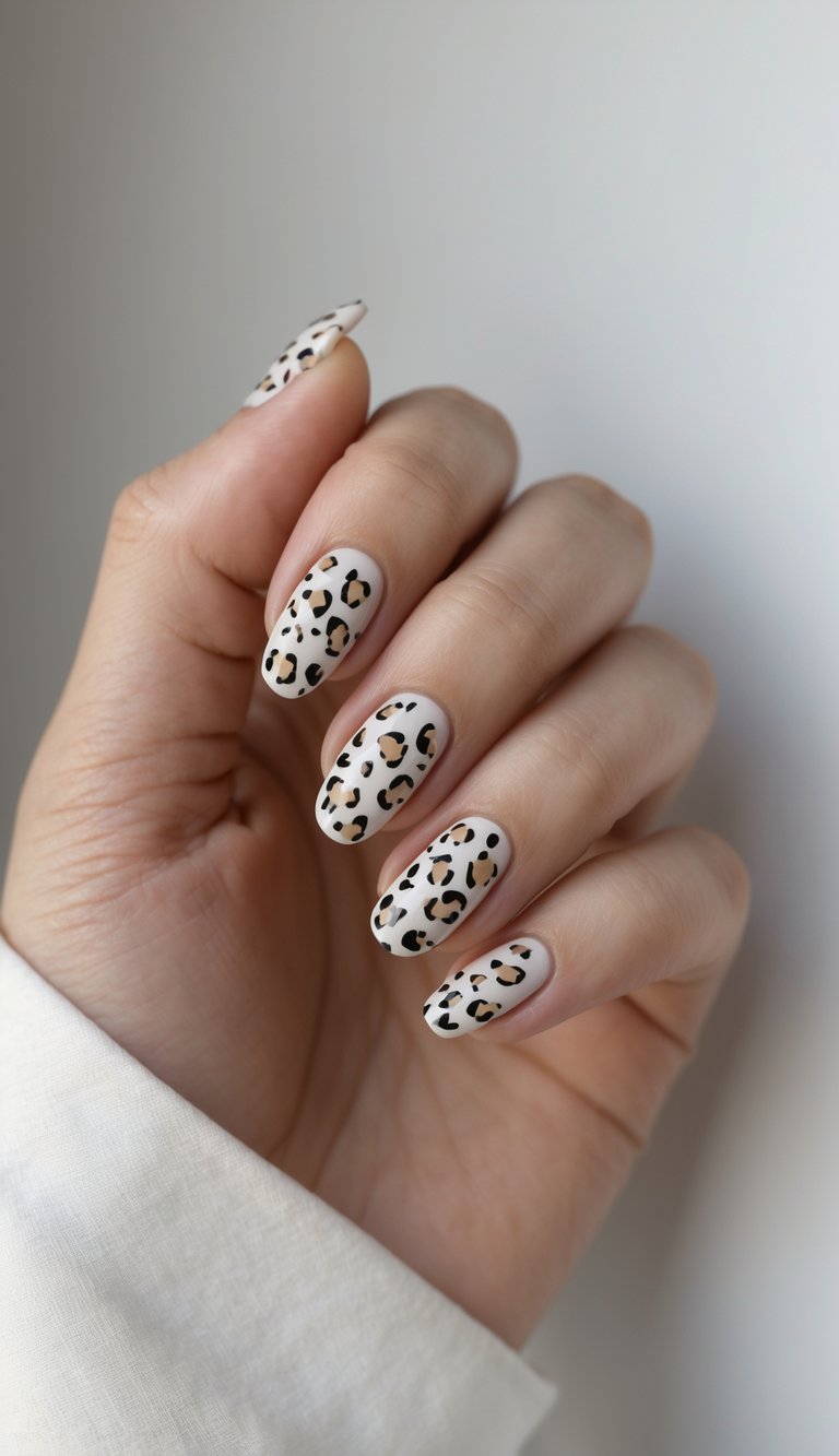 Short nail art idea showing a close-up of a hand with soft beige nails and evenly spaced black and brown leopard spots for a chic finish.