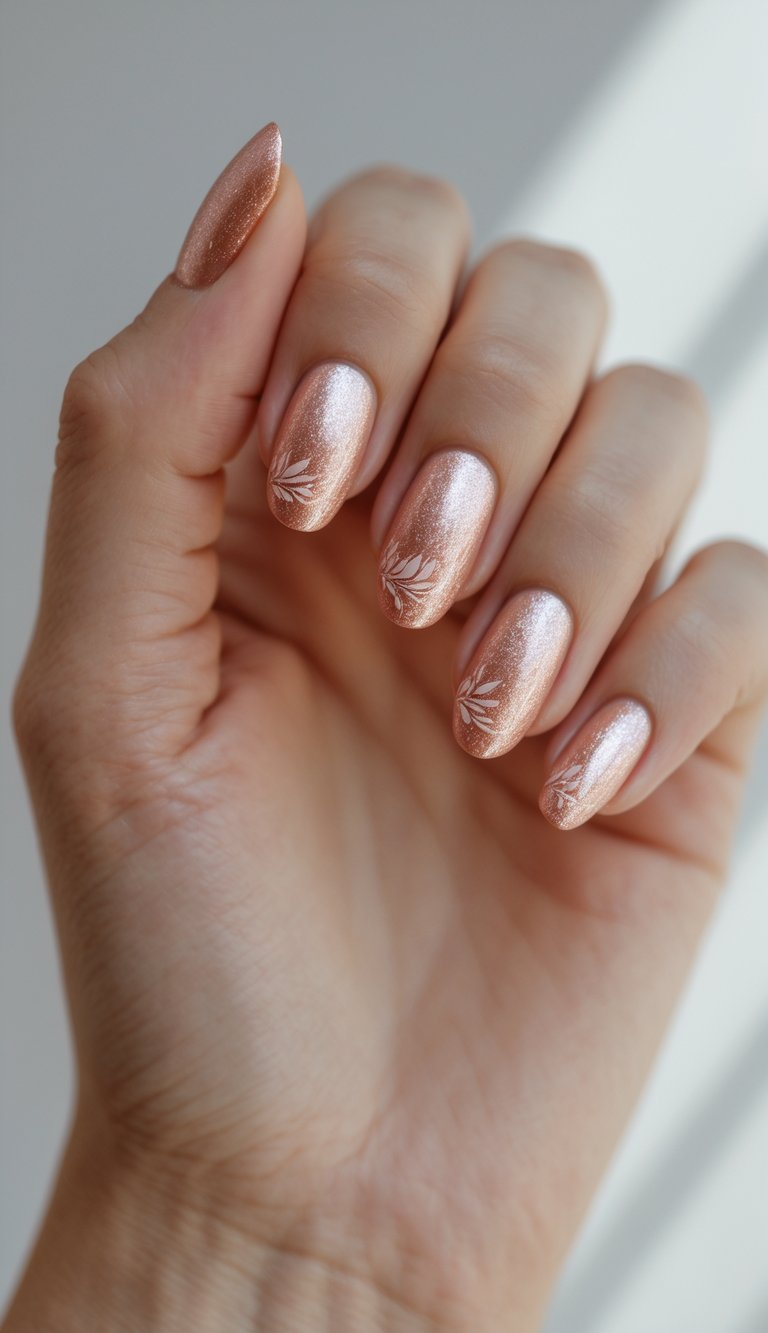 Short nail art idea featuring a hand with almond-shaped rose gold shimmer nails, each with a small etched leaf design near the tip.