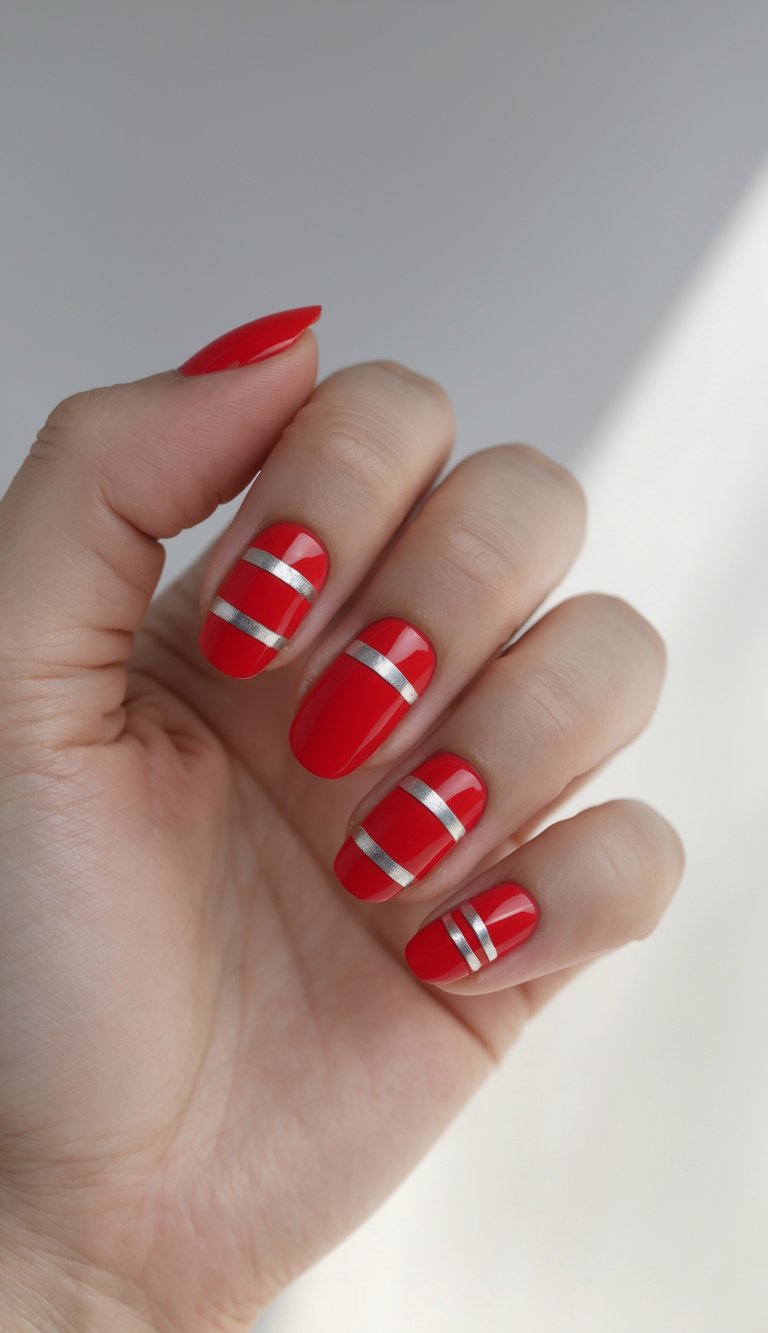 Short nail art idea showing a close-up of glossy red nails with horizontal silver tape accents, styled in a geometric and futuristic layout.
