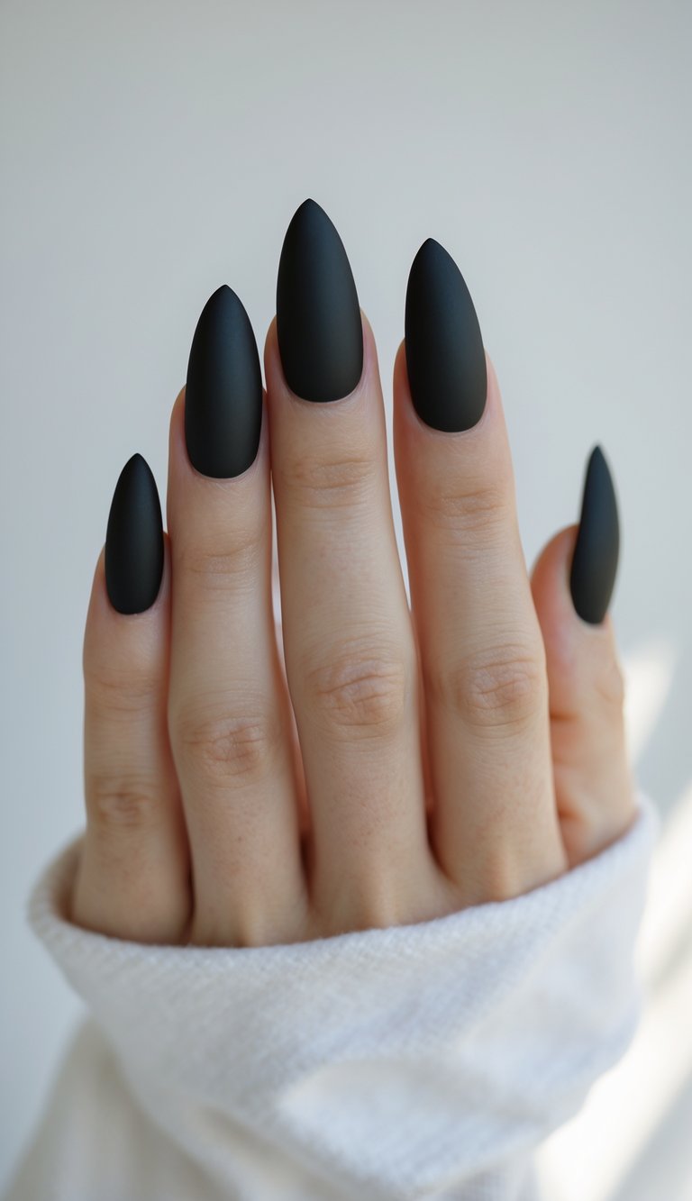 Close-up of jet-black matte stiletto nails, a bold long nail art idea designed for dramatic flair and contemporary edge.