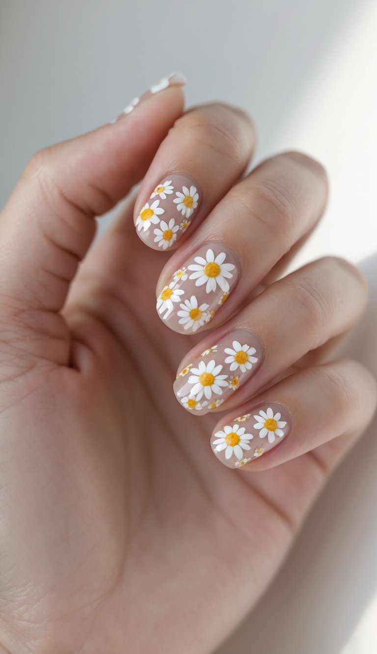 Short nail art idea featuring a hand with transparent nude nails covered in small and large white daisy floral designs with bright yellow centers.