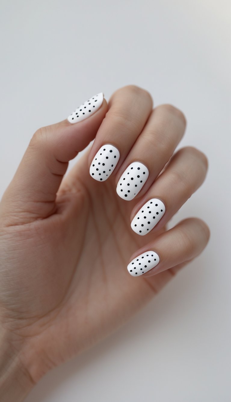 Short nail art idea featuring rounded white nails with retro-inspired evenly spaced black polka dots on each fingertip.