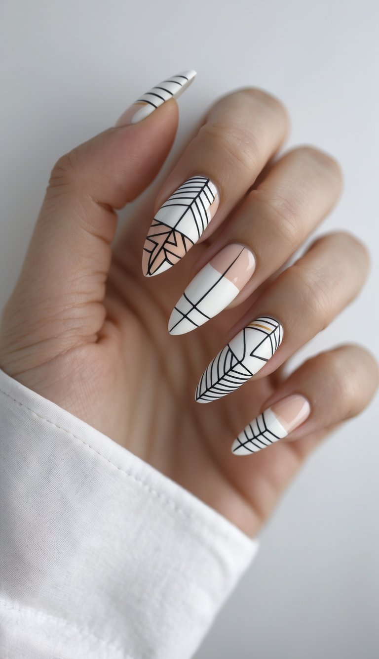 Close-up of long nude nails with black geometric leaf designs and color-blocked white and peach tips, a sleek long nail art idea.