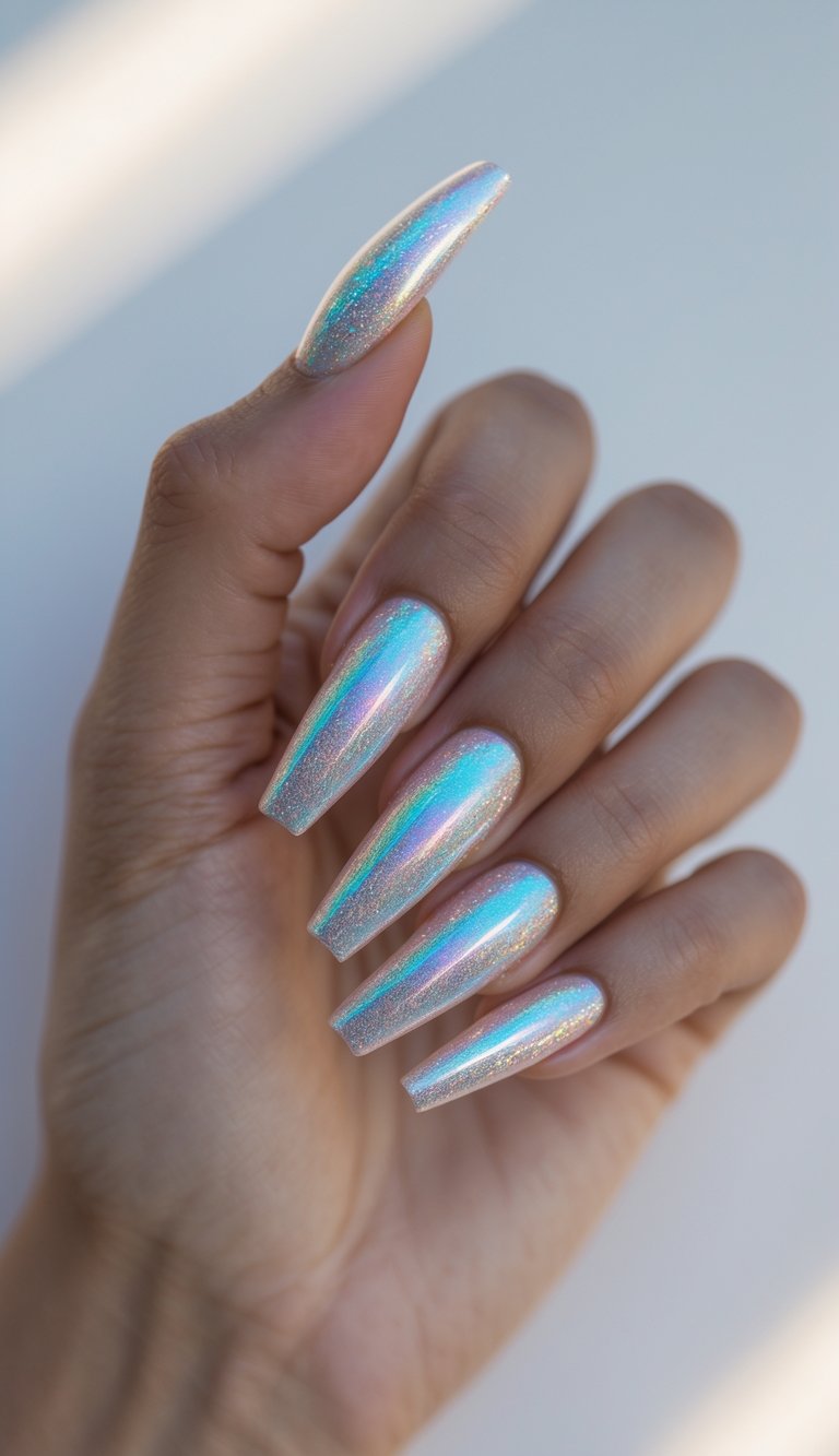 Close-up of long pastel chrome nails with holographic shimmer, inspired by aurora lights—a radiant long nail art idea.
