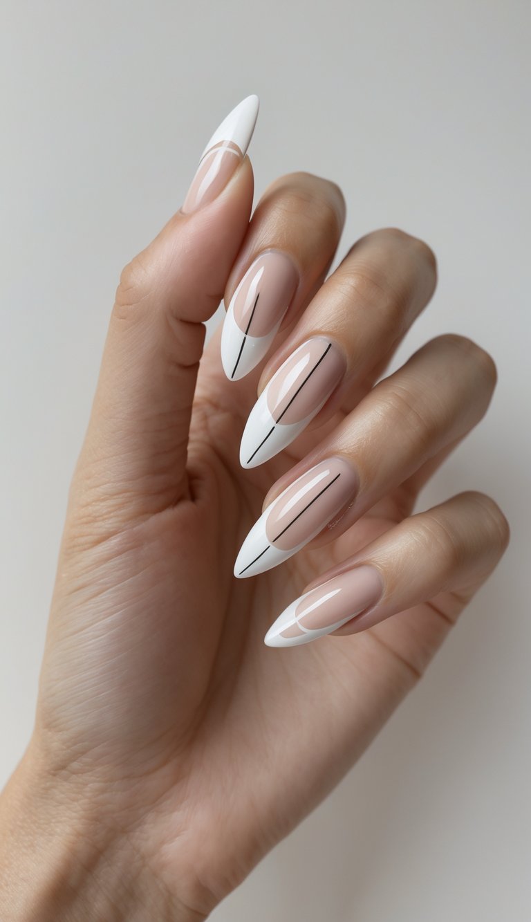 Nude nails with bold white French tips and black vertical detailing, offering a graphic twist on a long nail art idea.