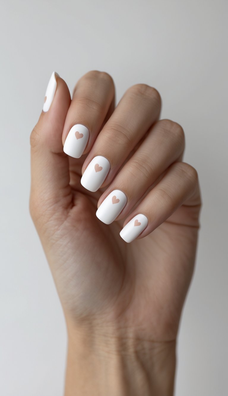 Short nail art idea with white matte polish and nude heart designs, combining minimalism and romance for a cute and modern nail look.