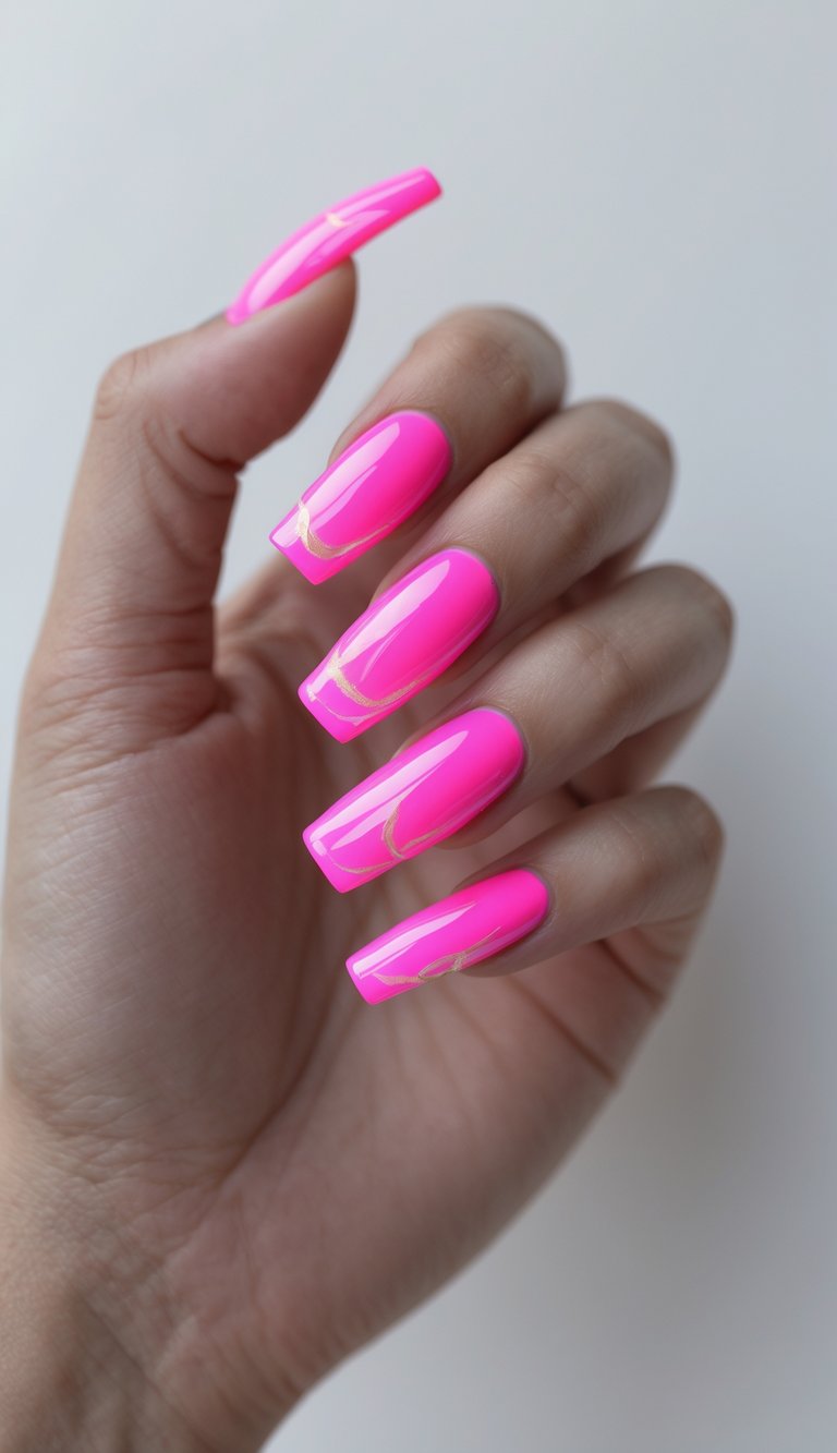 Bright neon pink nails with gold line accents on a long square shape—an electrifying long nail art idea.
