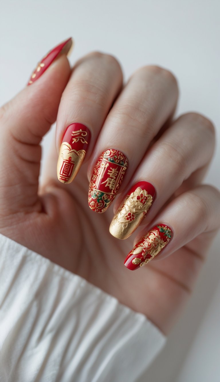 Close-up of one hand with detailed Chinese New Year themed nail art on a white background.