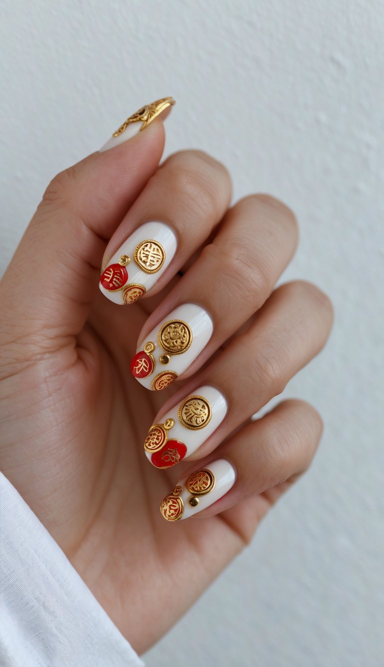 Fingers with glossy white nails adorned with gold and red embossed coin symbols, capturing a playful yet elegant Chinese New Year nail design