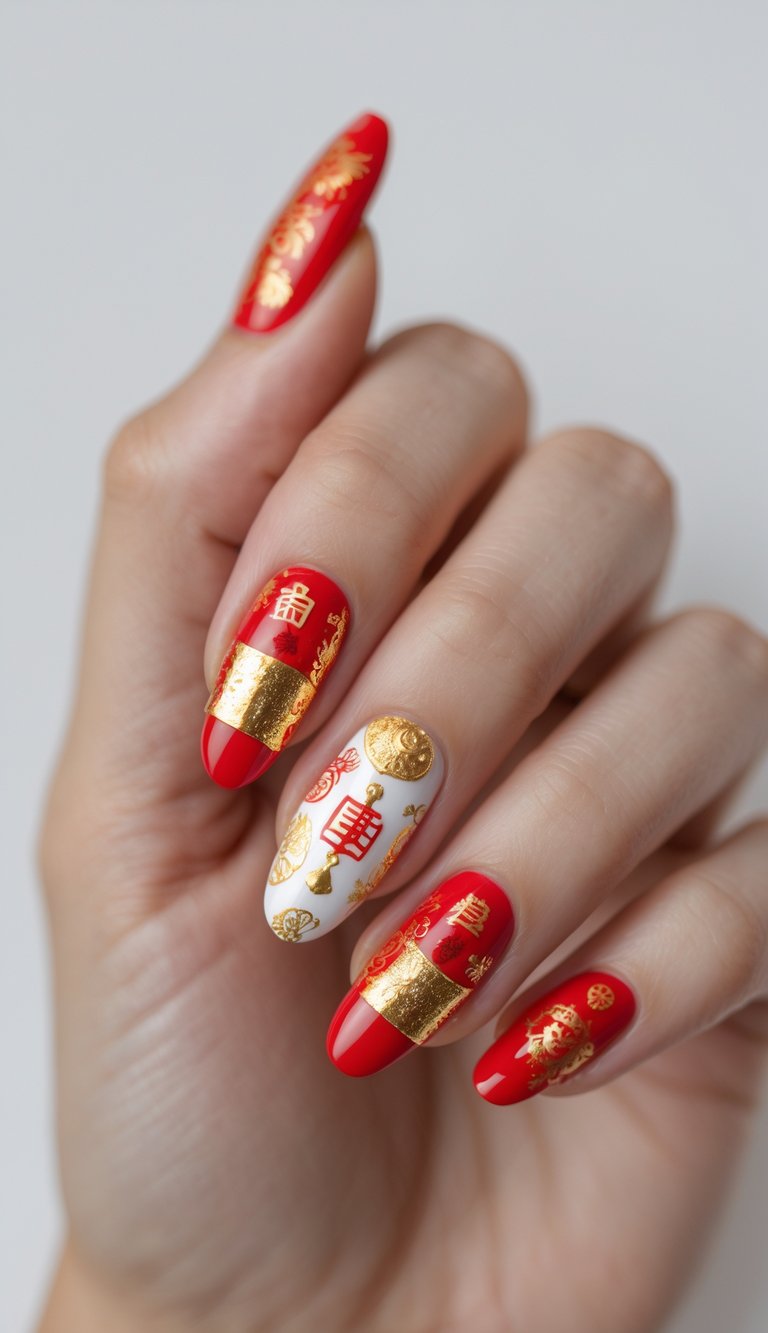 A close-up of hand showing red and white nails with gold foil bands and Chinese characters, evoking traditional symbols of luck and prosperity