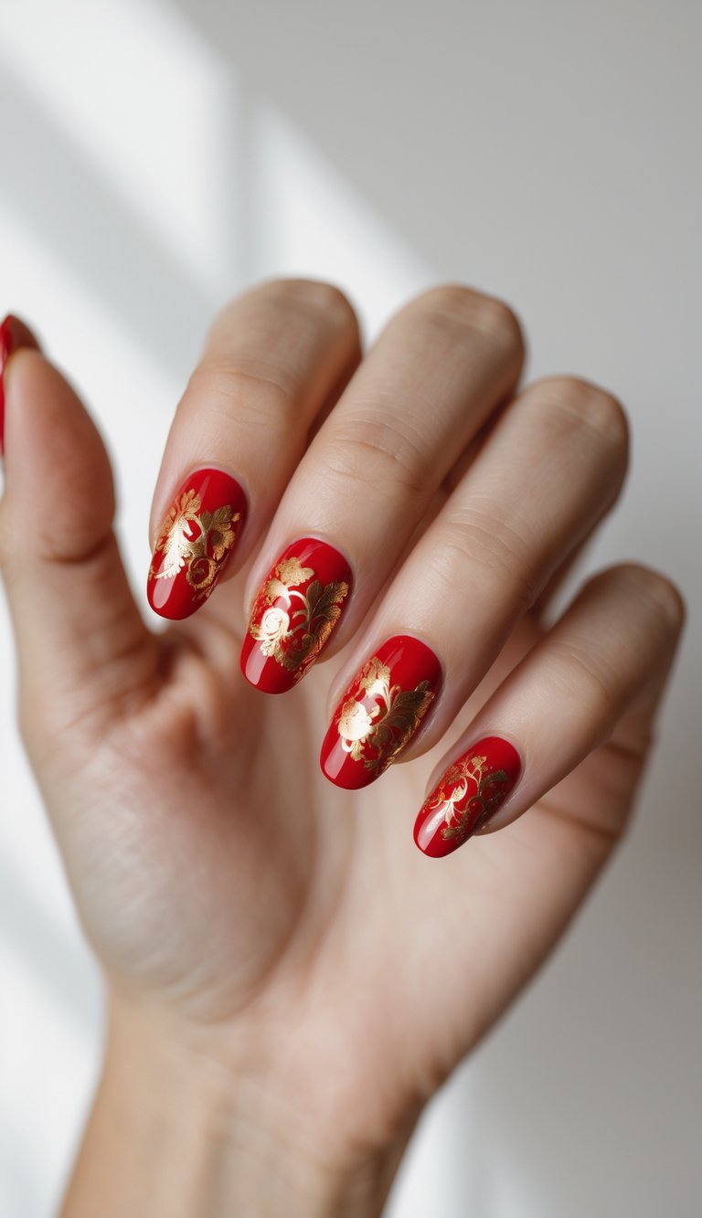 Hand holding fingers out with shiny red nails decorated in bright gold florals, evoking the festive glow of Chinese New Year nail art idea