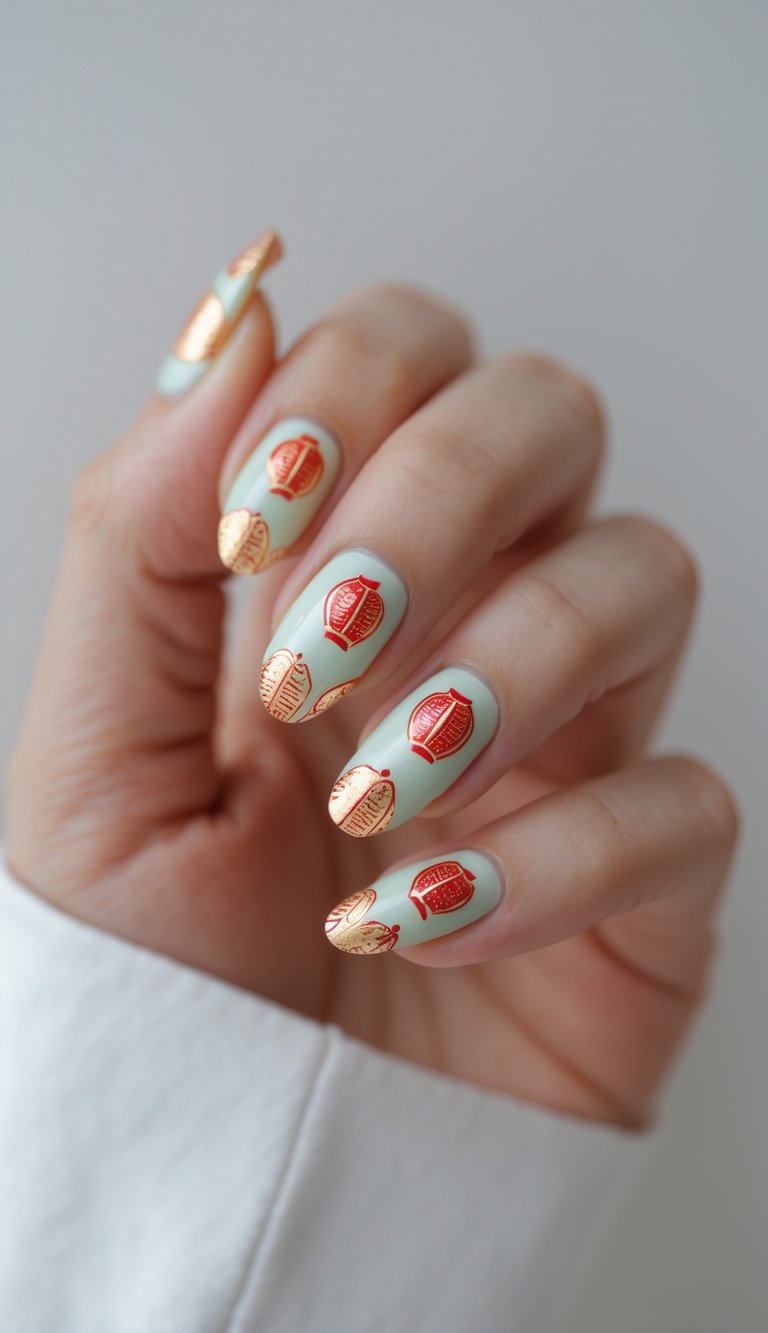 Fingers in focus wearing pastel green polish with tiny red and gold lantern prints, capturing a whimsical Chinese New Year nail art idea