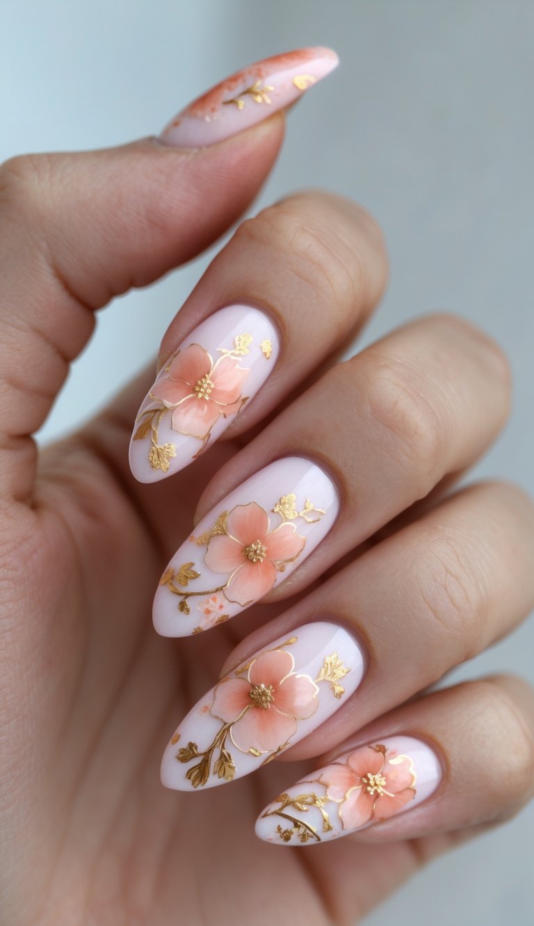 Feminine hand with almond-shaped nails painted pale pink, featuring soft blush floral designs outlined in gold—perfect for a chinese new year nail art idea