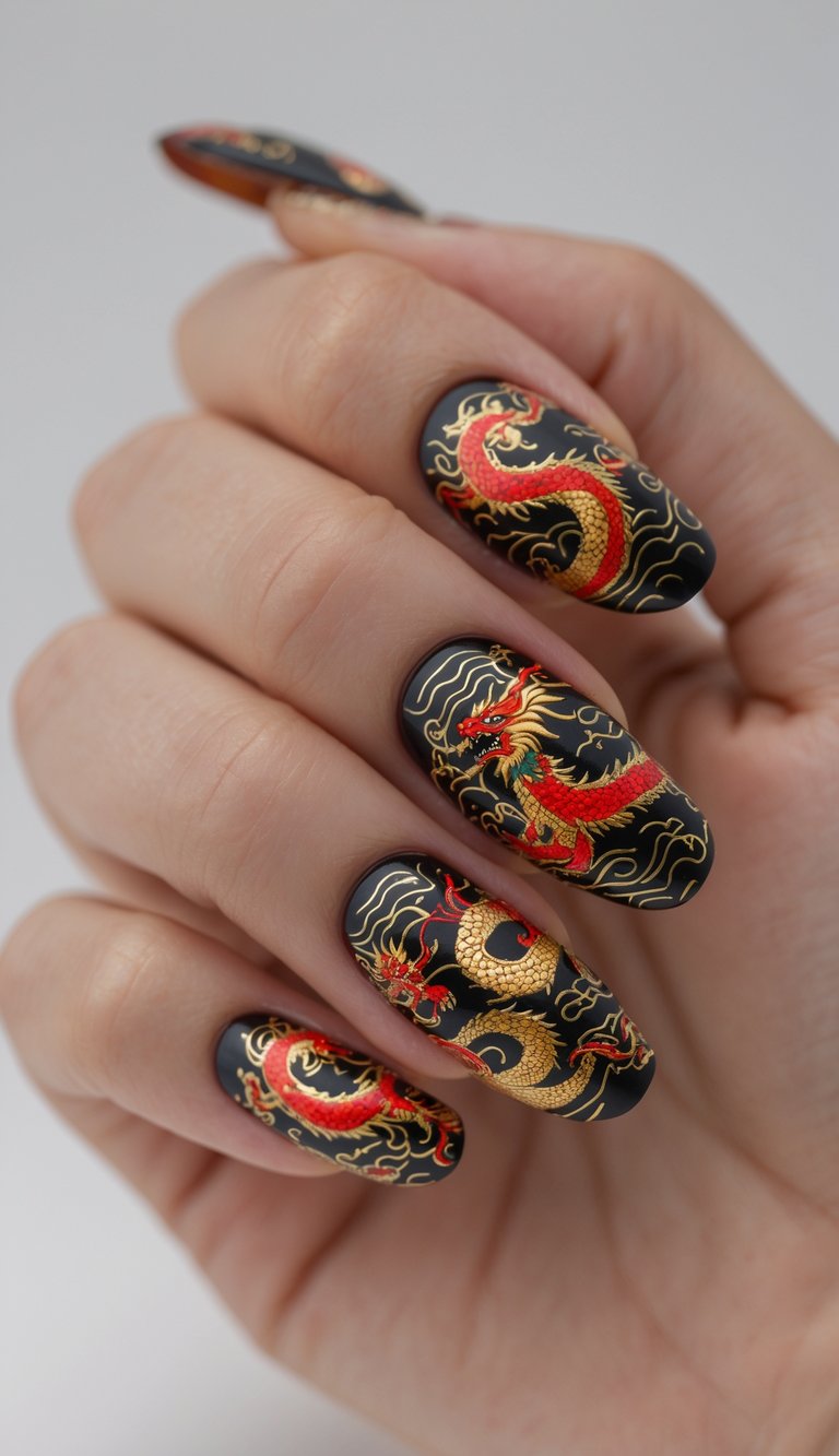 Close-up of fingers showing mystical black nails with golden and red dragons, resembling ancient folklore in a chinese new year nail art idea