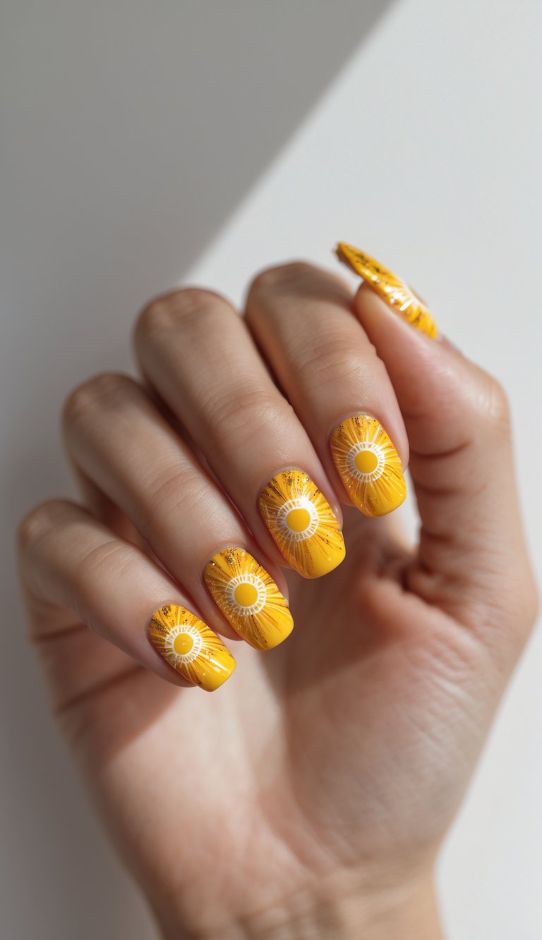 A hand shows off vivid yellow nails with detailed gold and white sunburst patterns, capturing a modern Chinese New Year nail art idea full of brightness.