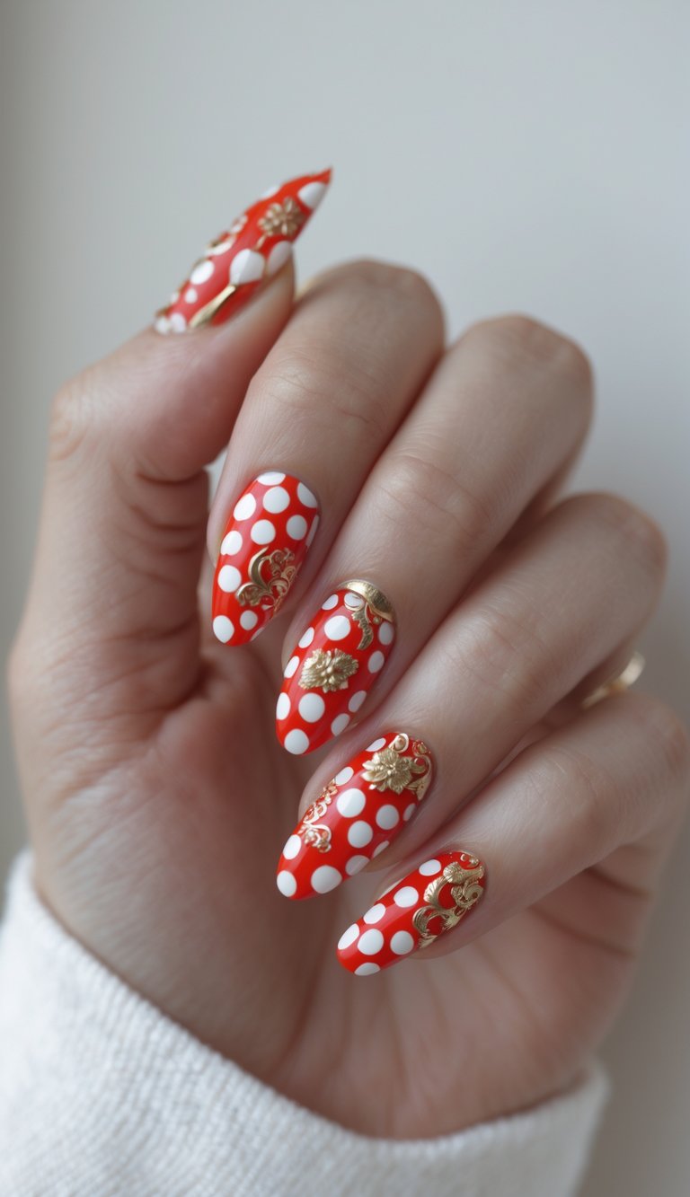 A close-up of a hand showing red nails with white polka dots and delicate gold floral accents, a playful Chinese New Year nail art idea.