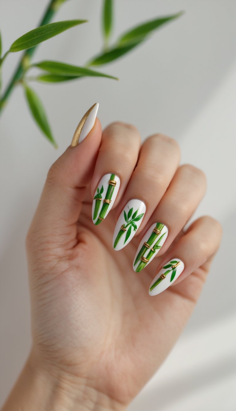 Close-up of a hand with almond-shaped nails painted with green bamboo stalks and leaves over a white base, styled for a Chinese New Year nail art idea.