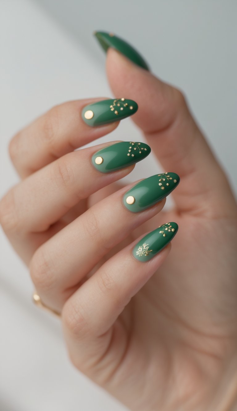 Hand showing almond-shaped nails painted in spring green, each nail detailed with golden dot branches and accents, perfect for a Chinese New Year nail art idea.