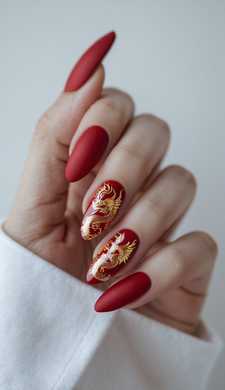 A hand with matte red almond-shaped nails featuring detailed gold dragon designs on the middle fingers, inspired by a Chinese New Year nail art idea.
