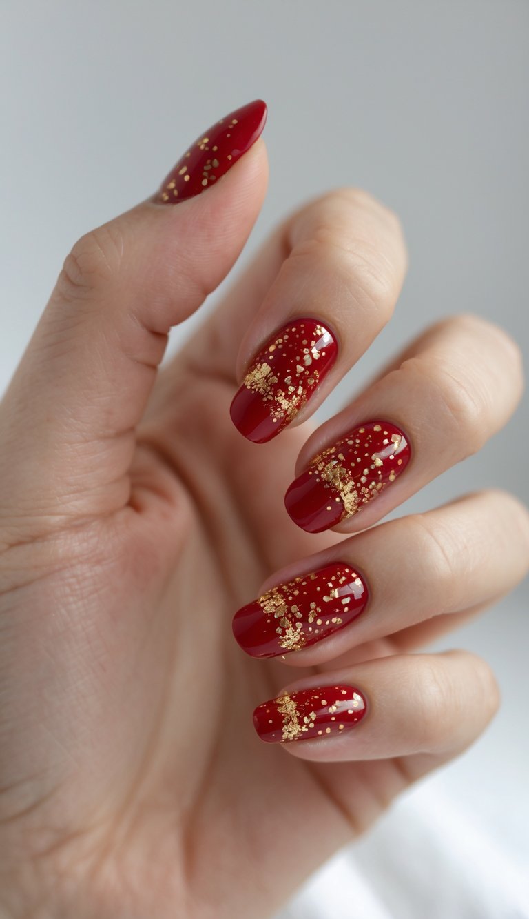 Short red nails with shimmering gold flecks concentrated at the base, creating a festive and stylish Chinese New Year nail art idea.