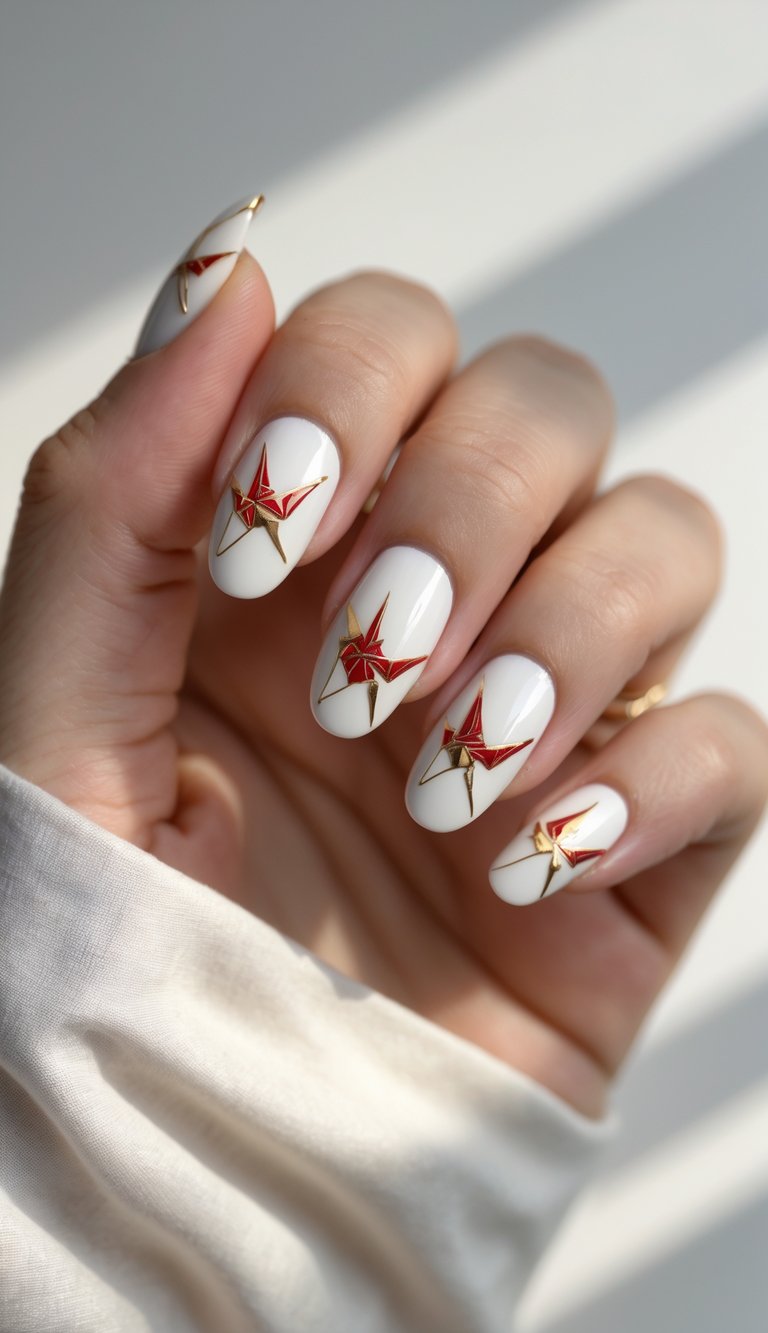 White nails adorned with red and gold origami crane designs, reflecting a graceful Chinese New Year nail art idea.