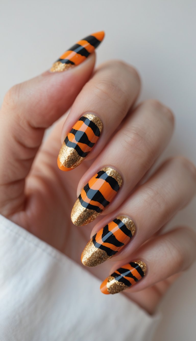 Chinese New Year nail art with black and orange tiger stripes and gold glitter tips.