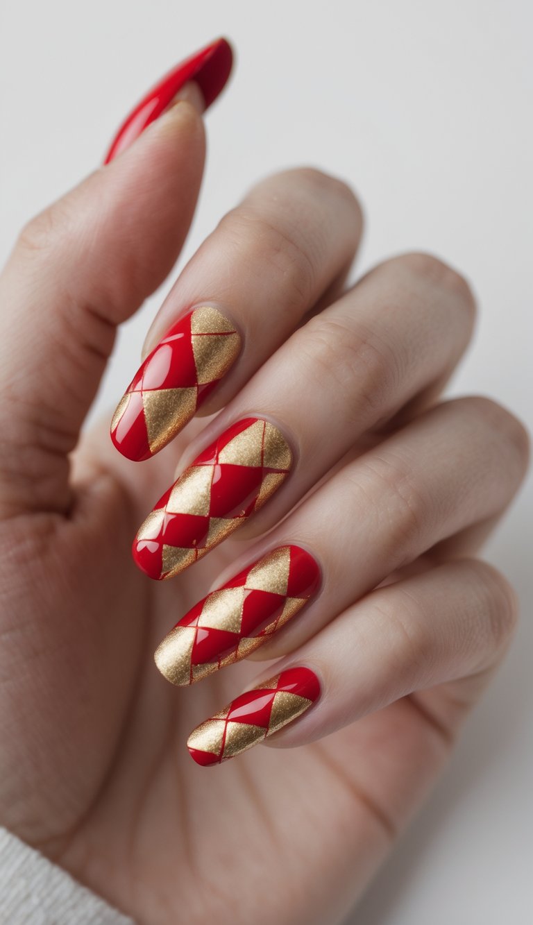 Red and gold diamond-patterned Chinese New Year nail art on almond-shaped nails.