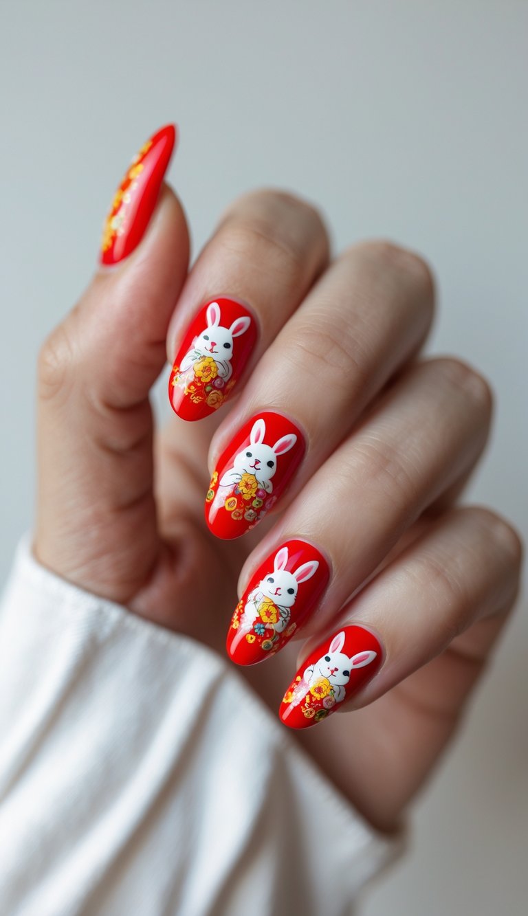 Chinese New Year nails with cartoon rabbits and flower bouquets on a vibrant red background.