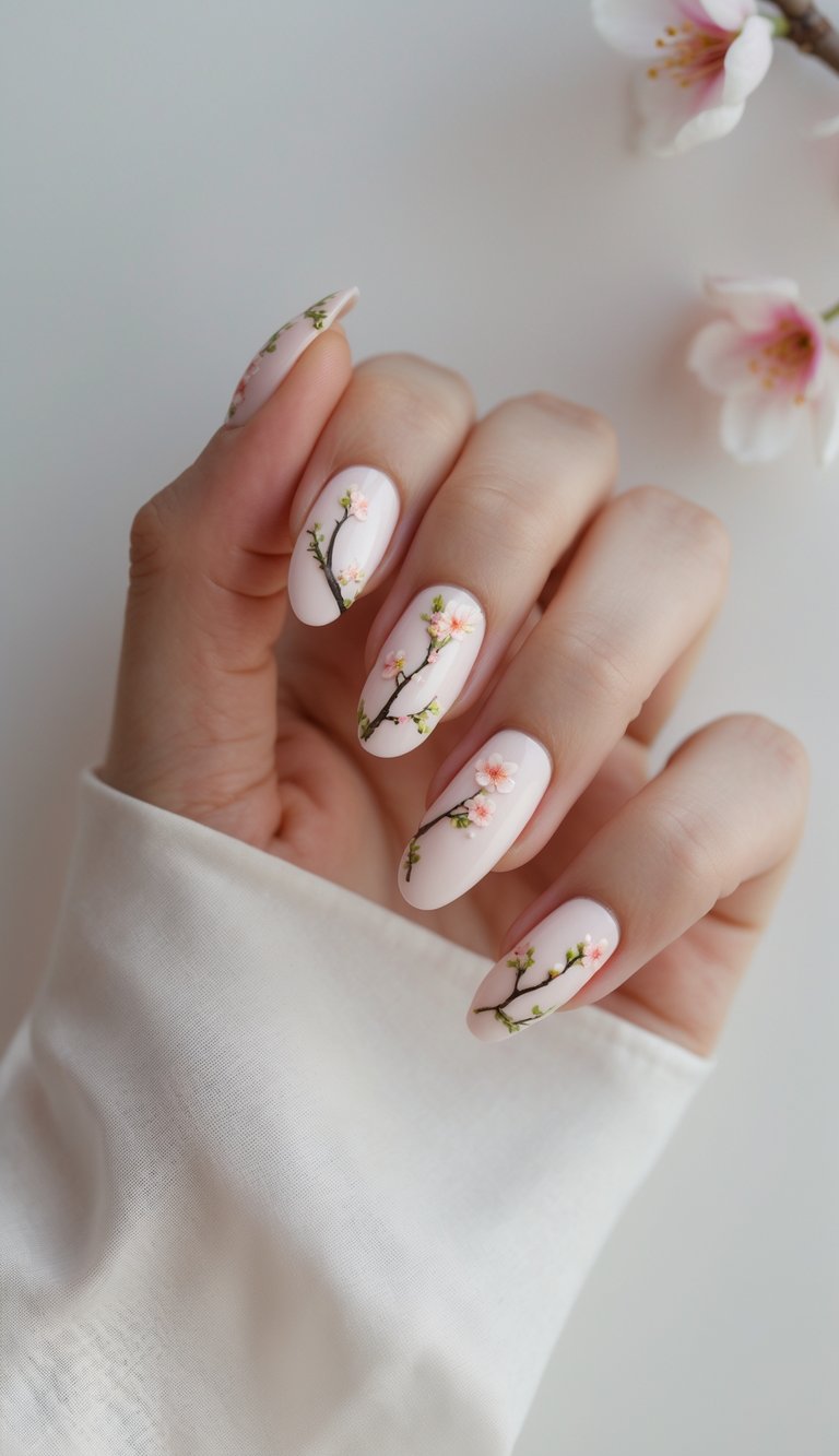 Delicate pink cherry blossoms on light pink nails for a Chinese New Year nail art design.
