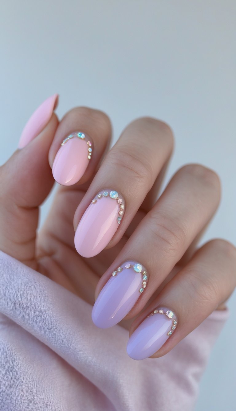 Shown on a relaxed hand, almond nails fade from pink into lavender with crystal cuticle details, creating an elegant graduation nail art idea suited for formal celebrations.