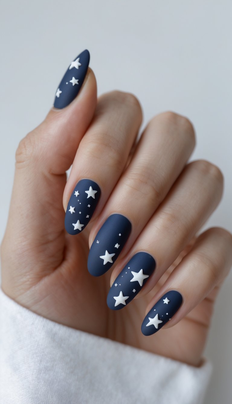 Shown on a relaxed hand, matte dark blue nails feature scattered white stars, creating a graduation nail art idea with a celestial and confident look.