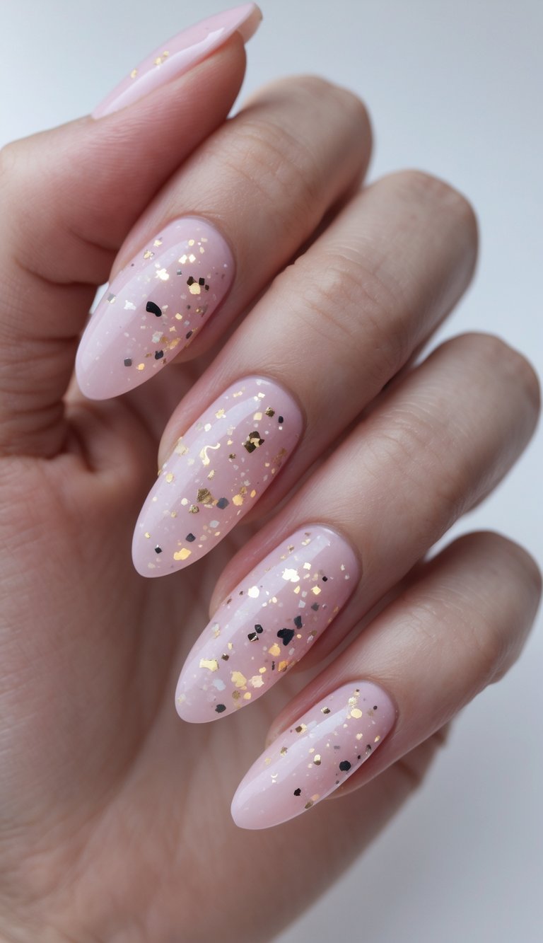 Captured from an angled view, the hand displays glossy pink nails with fine gold and dark speckled foil, presenting a refined graduation nail art idea.