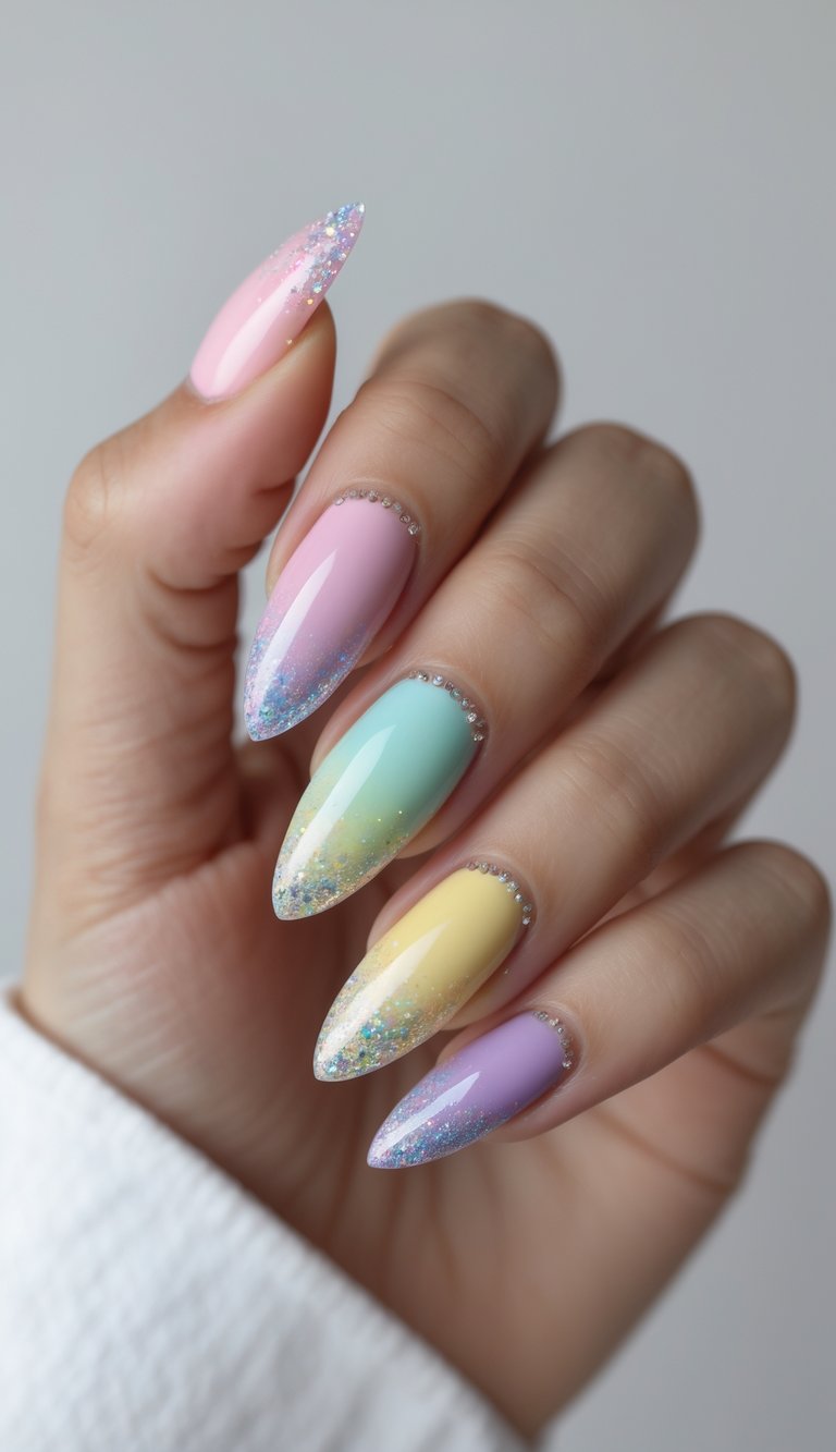 A close-up of a hand shows long almond nails in pastel pink, mint, yellow, and lavender with glittered tips, styled as a graduation nail art idea.