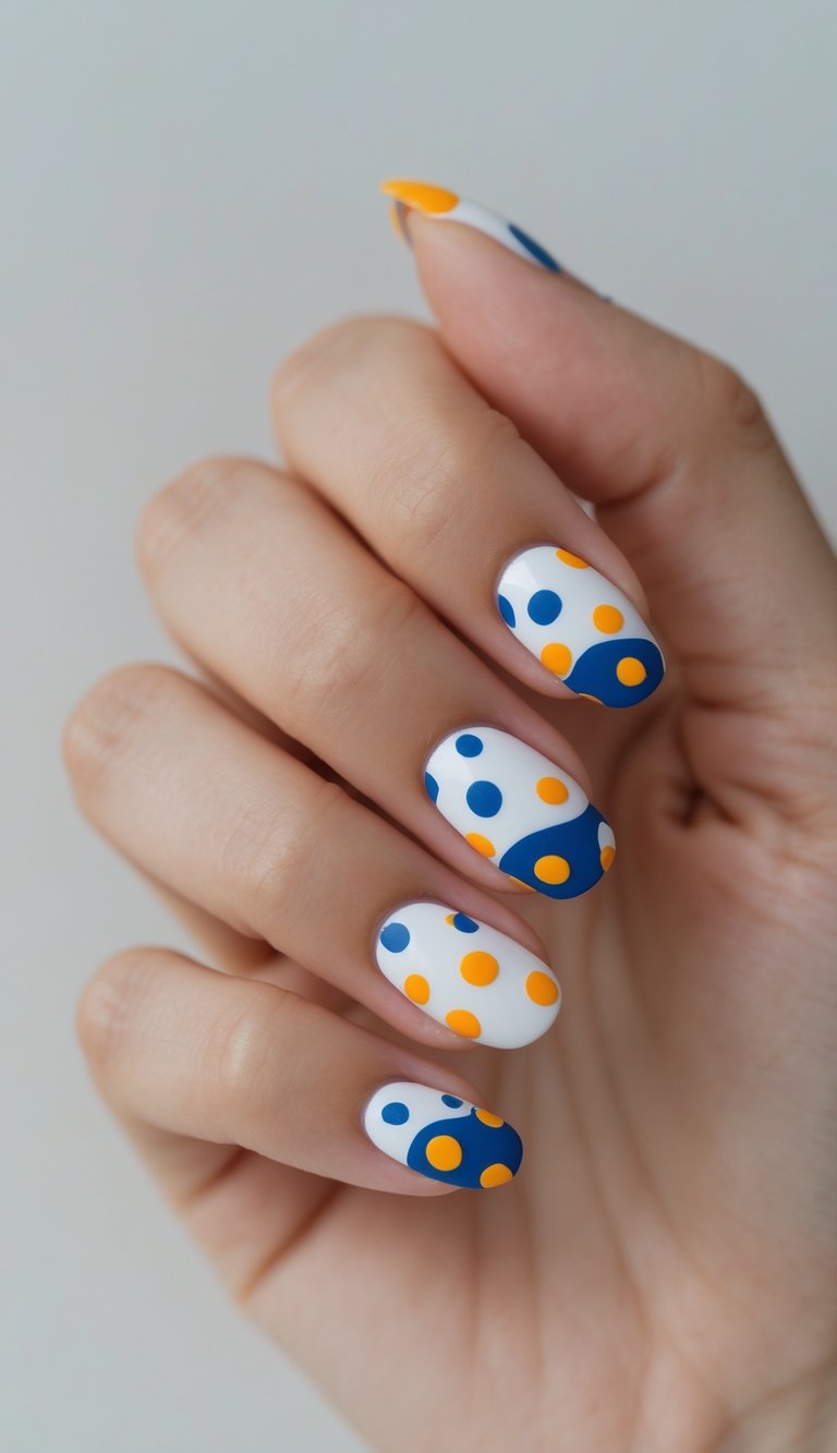 A close-up of a hand shows white nails decorated with blue wave shapes and yellow dots, creating a fun graduation nail art idea.