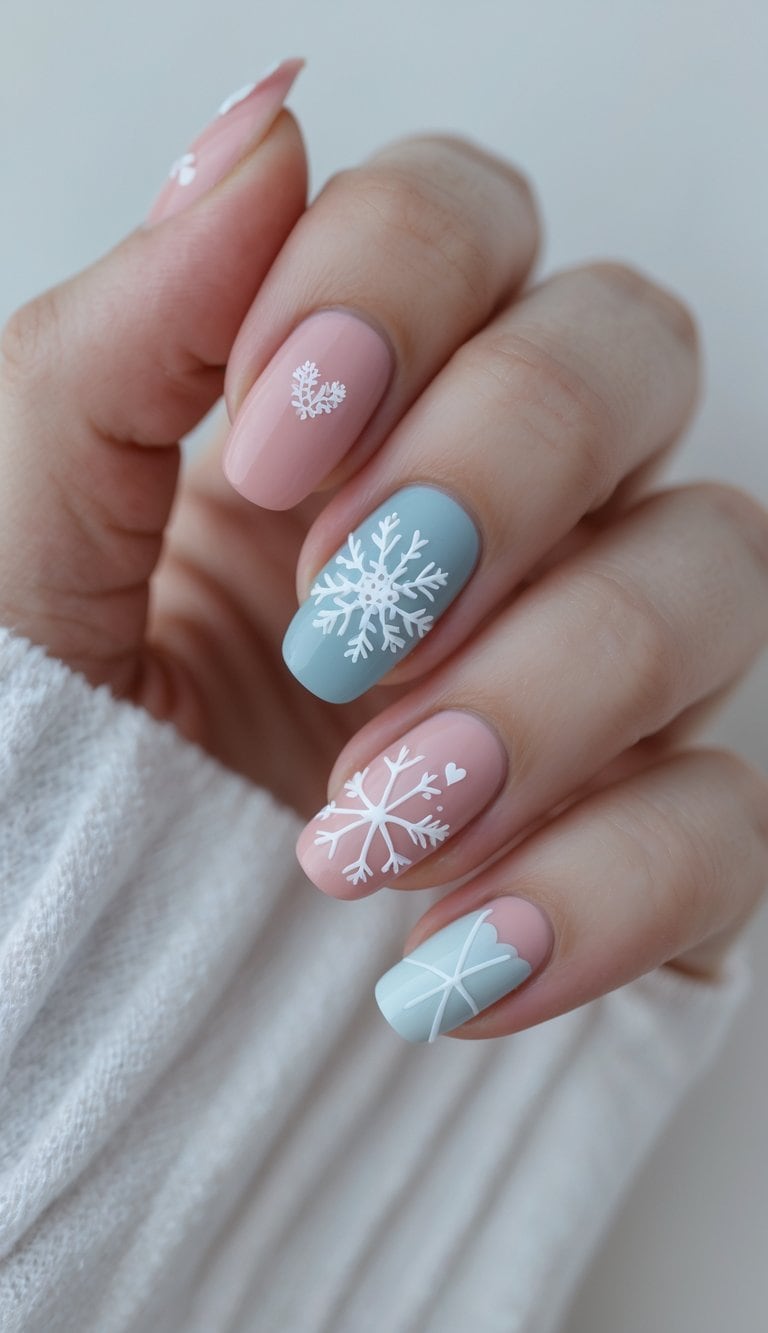 Close-up of one hand with detailed February-themed nail art against a white background.