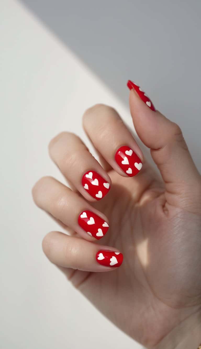 Close-up of a hand with short, glossy red nails decorated with small, white hearts—perfect for sweet February nail art ideas with a romantic touch.