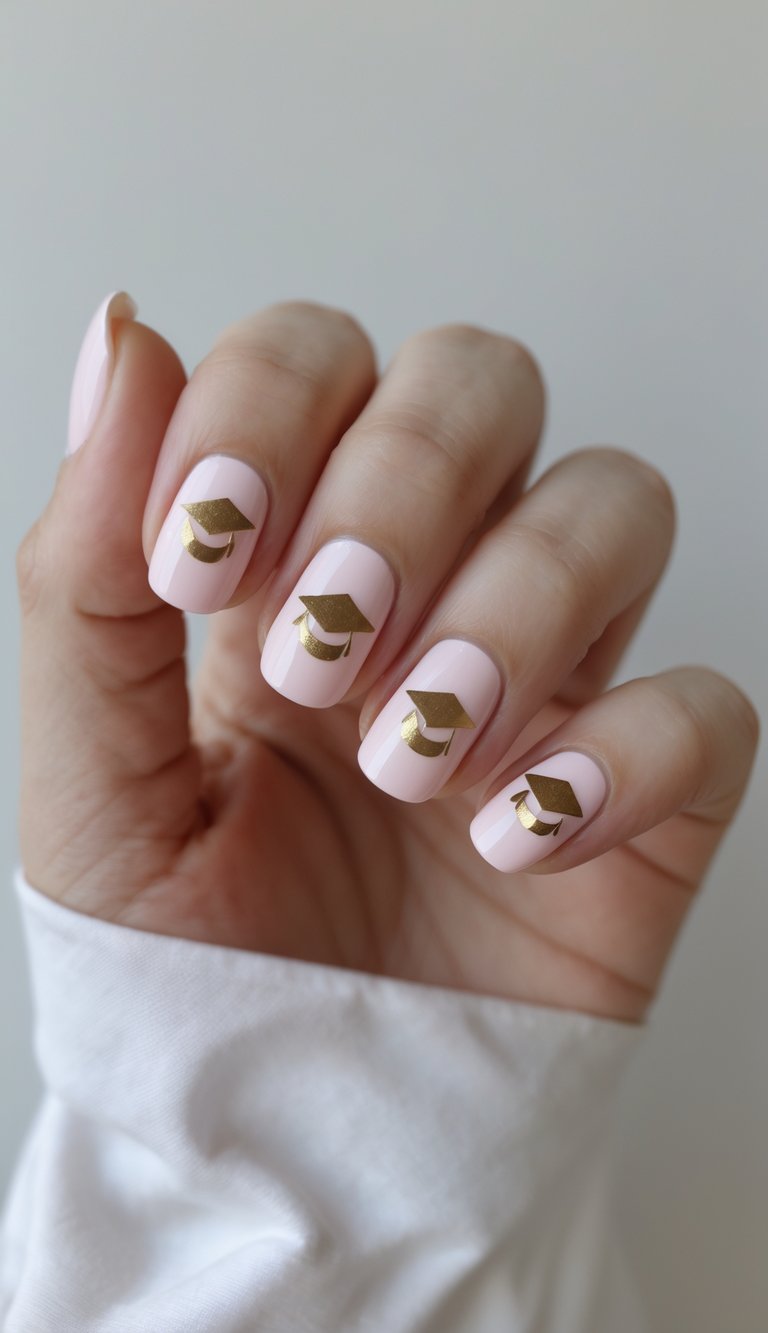 A close-up of a hand shows short blush pink nails, each featuring a small gold graduation cap detail, creating a clean Graduation Nail Art Idea.