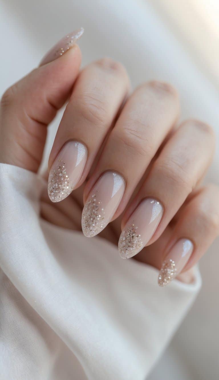 Close-up of a hand with almond-shaped nude nails fading into silver glitter tips, perfect for subtle and romantic february nail art ideas.