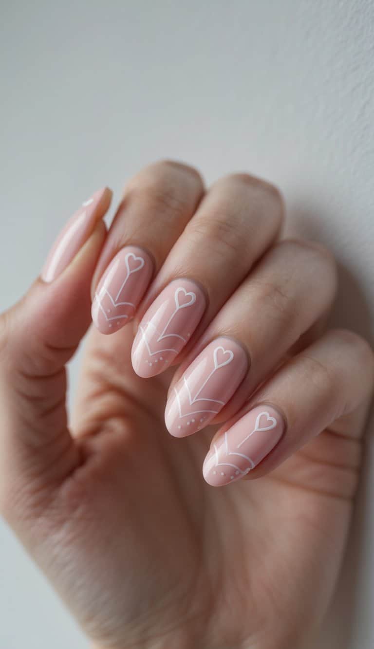 Detailed view of a hand with clear nude nails designed with fine white hearts and curved dotted lines, making it perfect for chic february nail art ideas.