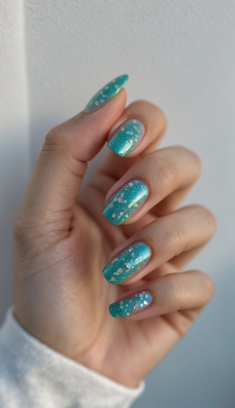 A hand posed against a neutral background, wearing teal shimmer nails with white confetti-style dots, representing a modern Graduation Nail Art Idea.