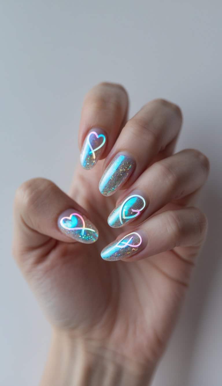 Close-up of a hand with clear glitter nails topped with pastel neon heart shapes, showcasing whimsical charm for february nail art ideas.