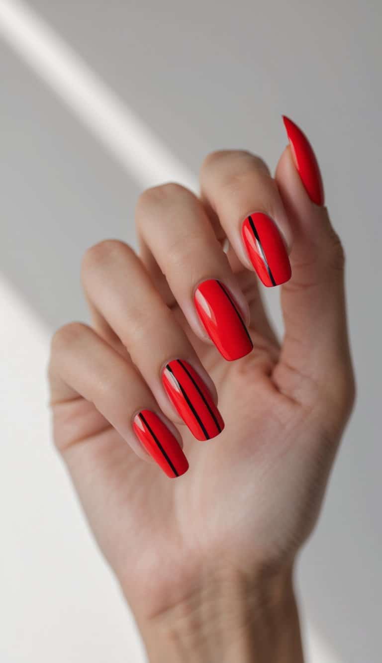 A close-up of a hand featuring vibrant red nails with glossy black vertical lines, showcasing a sharp and modern twist on february nail art ideas.