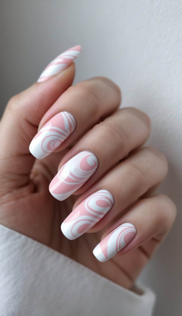 Hand positioned against a white wall, featuring square nails with delicate pink and white curved swirl patterns—an understated twist for february nail art ideas.
