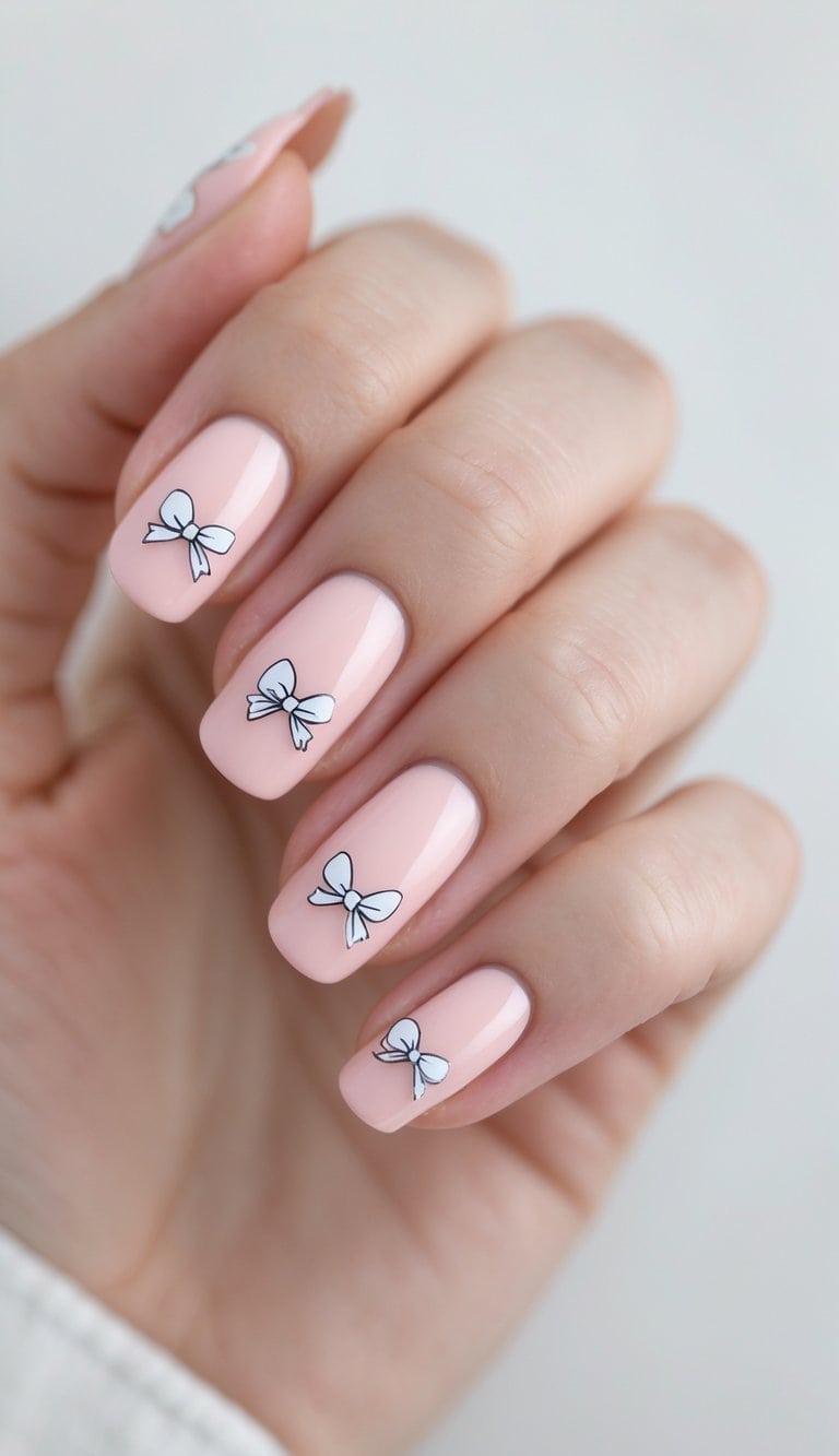 Close view of fingers painted in a pastel pink polish with dainty outlined bows, styled perfectly for subtle february nail art ideas.