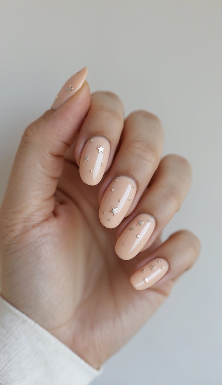Hand posed gently with nude glossy nails adorned with delicate gold stars and fine metallic dots, captured as a meaningful Graduation Nail Art Idea.